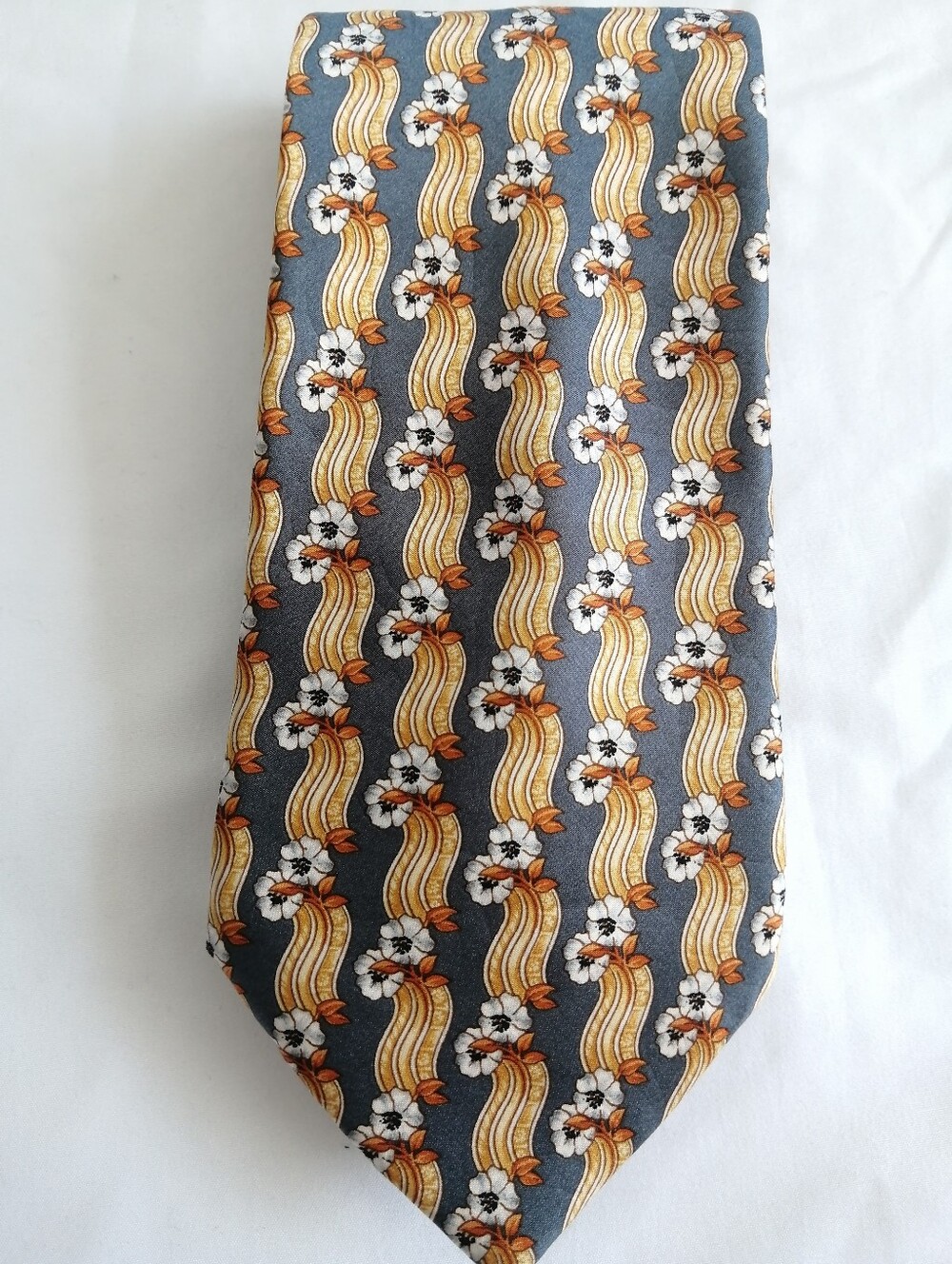 Lanvin 100% Silk Tie Grey with White Orange Floral and Gold Ribbons